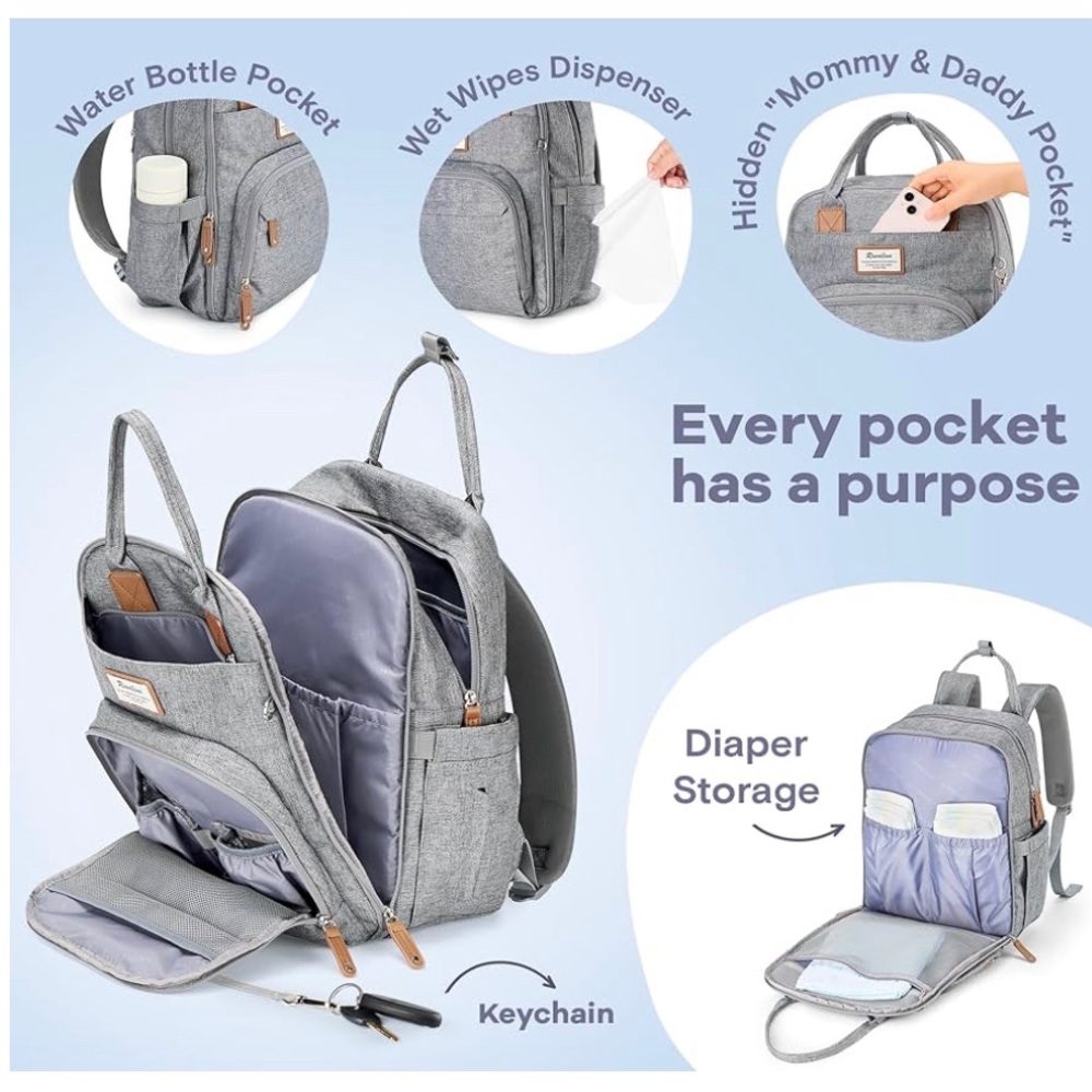NEW Gray Ruvalino Large Lightweight Backpack Diaper Bag - Picture 5 of 6